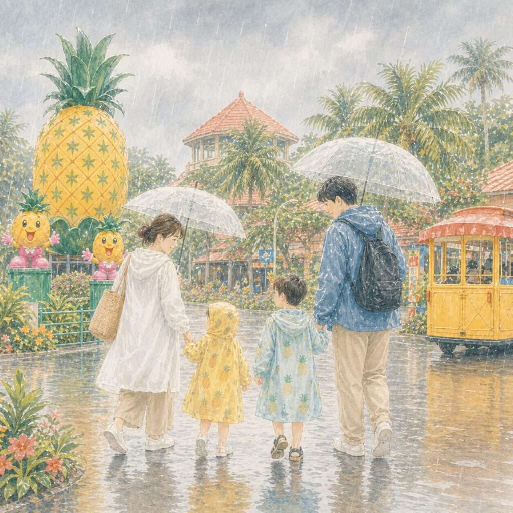 雨の日の名護パイナップルパーク家族旅行