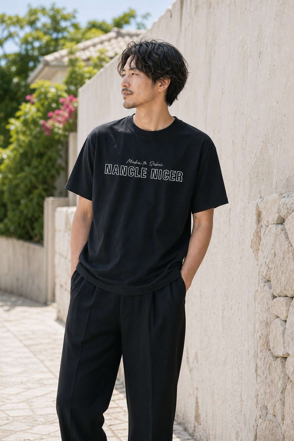 NANCLE NICER Script ベーシックTシャツ ダークカラー着用イメージ