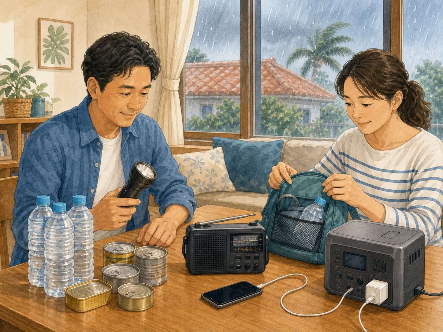 沖縄の家で水や非常食、ラジオ、ライト、ポータブル電源を確認しながら台風への備えを進める様子