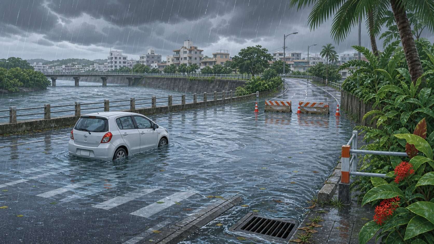 台風の大雨で道路が増水し冠水する沖縄の街をイメージしたオリジナルイラスト