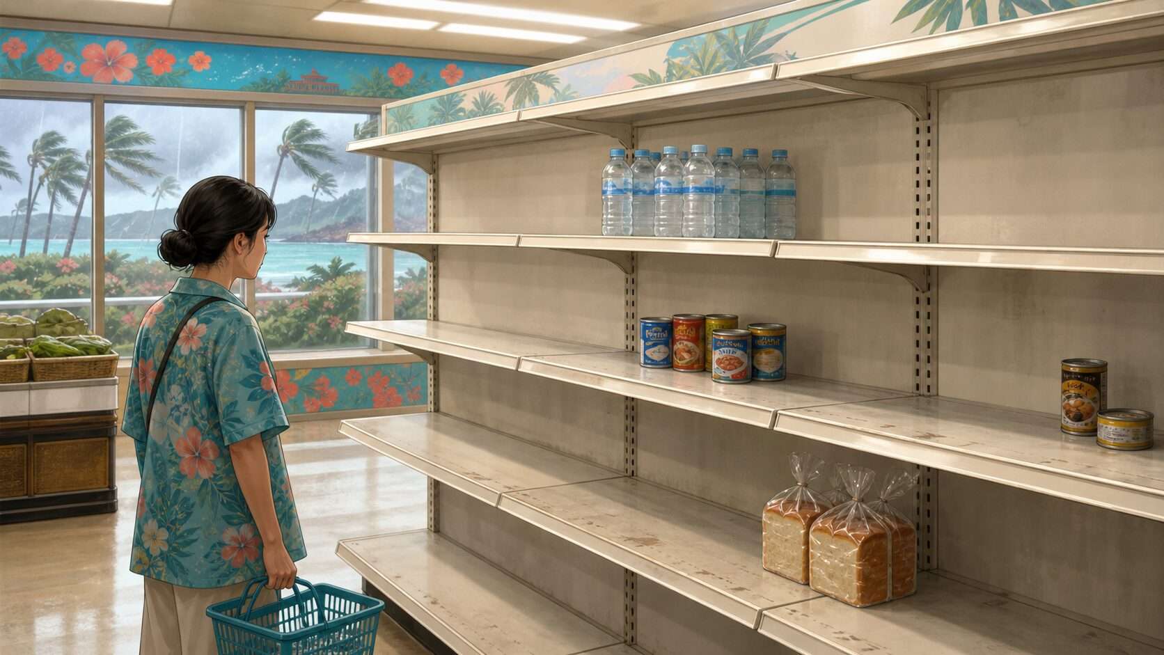 台風の影響で商品が少なくなった沖縄のスーパーをイメージしたオリジナルイラスト