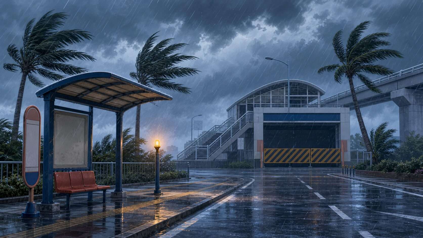 台風の雨と強風の中で運休する沖縄の公共交通をイメージしたオリジナルイラスト