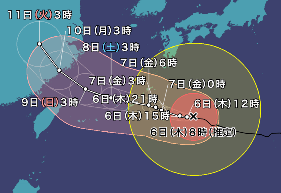 ウェザーニュースが2026年8月6日8時時点で掲載した台風13号の進路予想図