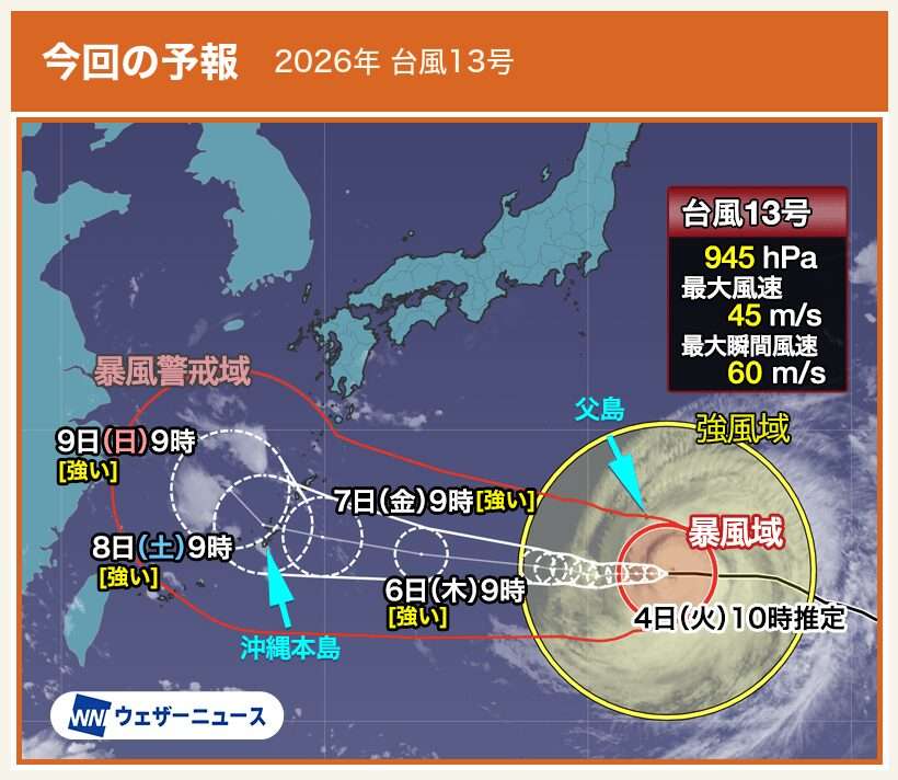 ウェザーニュースが2026年8月4日に掲載した台風13号の進路と勢力の図